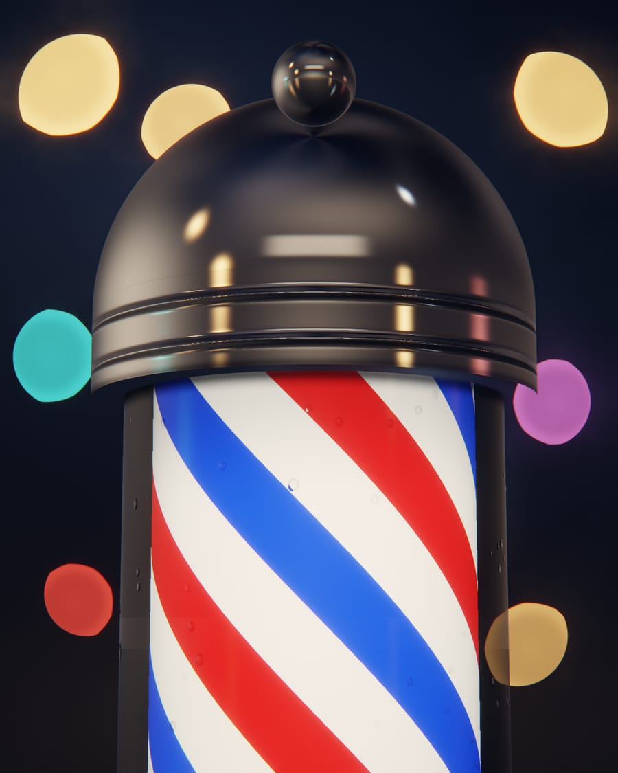 Illustration of a glowing red, white and blue barber pole under a chrome cap, beaded with rain